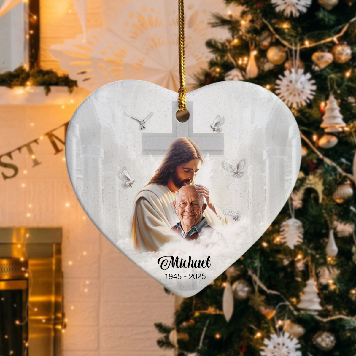Custom Photo Safe In The Arms Of Jesus Memorial Heart Shaped Ceramic Ornament LM32 893825
