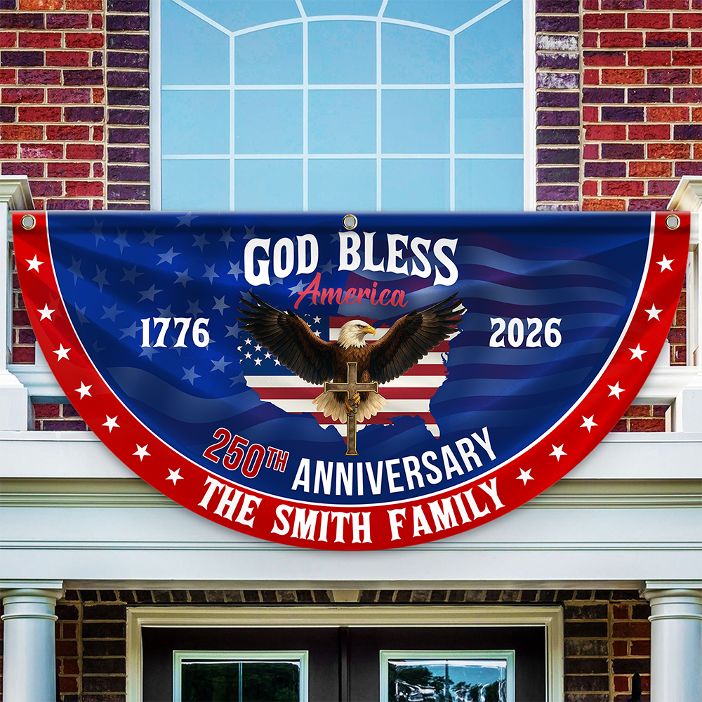 Custom Family Name 250th Anniversary God Bless America Christian Patriotic Non-Pleated Fan Flag HO82 901892
