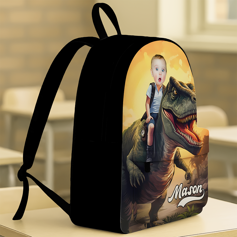 Custom Kid Photo Little Boy Riding Dinosaur Personalized Backpack HA75 921680