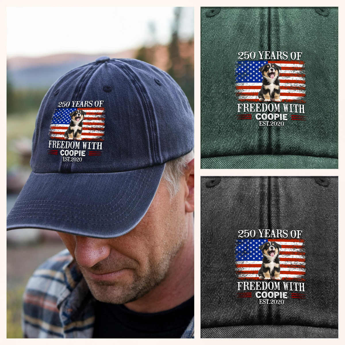 Custom Photo 250 Years Of Freedom With Dog Cat Pet Washed Denim Baseball Cap HA75 920100