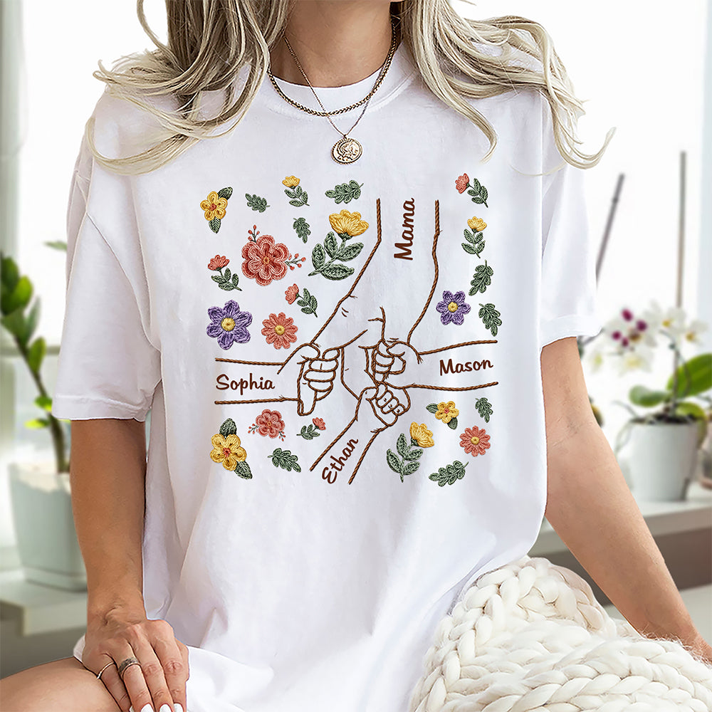 Personalized Mom Holding Hand Shirt with Kids Names, Floral Embroidery Effect Style T-Shirt, Mother's Day Gift CH07 911184