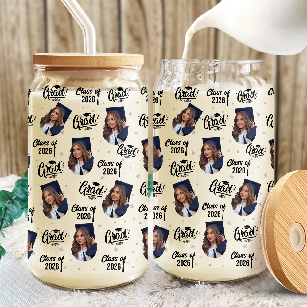 Custom Photo Class Of 2026 Graduation Glass Can With Lid HO82 901490