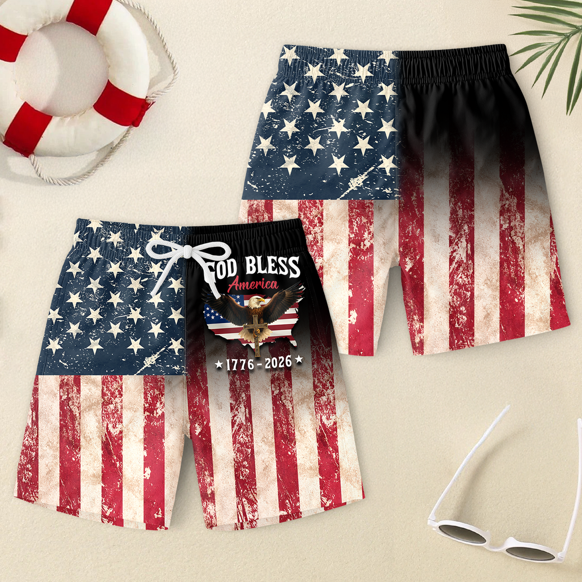 Patriotic 250th Anniversary God Bless America Eagle 1776–2026 Beach Short HA75 921044