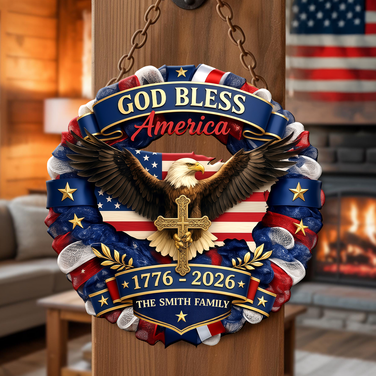 Custom Family Name Patriotic 250th Anniversary God Bless America Eagle 1776–2026 Door Sign HA75 920758