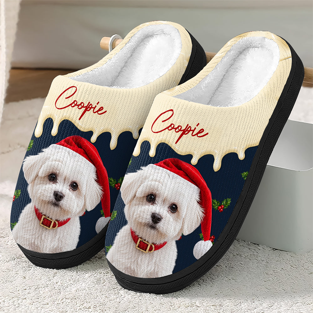 Custom Photo & Name Pet Dog Portrait With Holly Snowflake Poinsettia Christmas Slippers LM32 670501