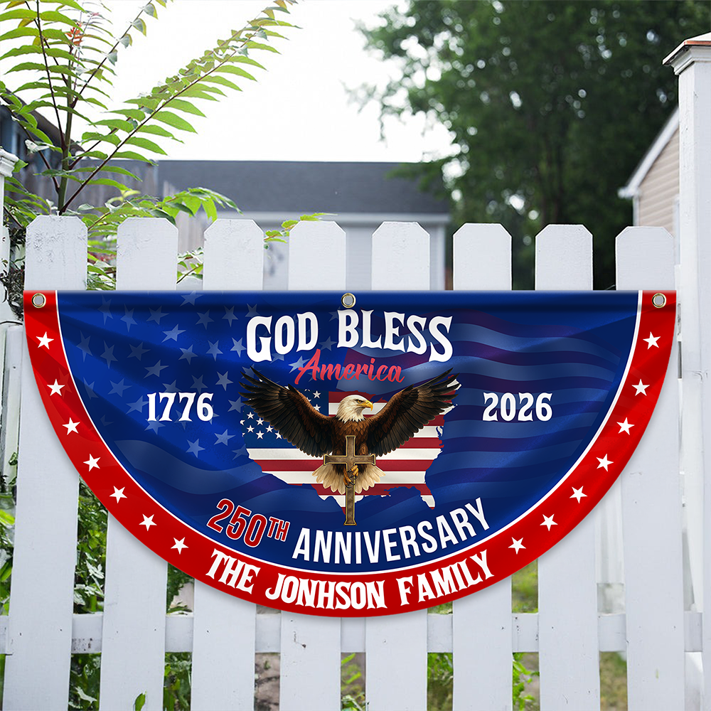 Custom Family Name 250th Anniversary God Bless America Christian Patriotic Non-Pleated Fan Flag HO82 901892