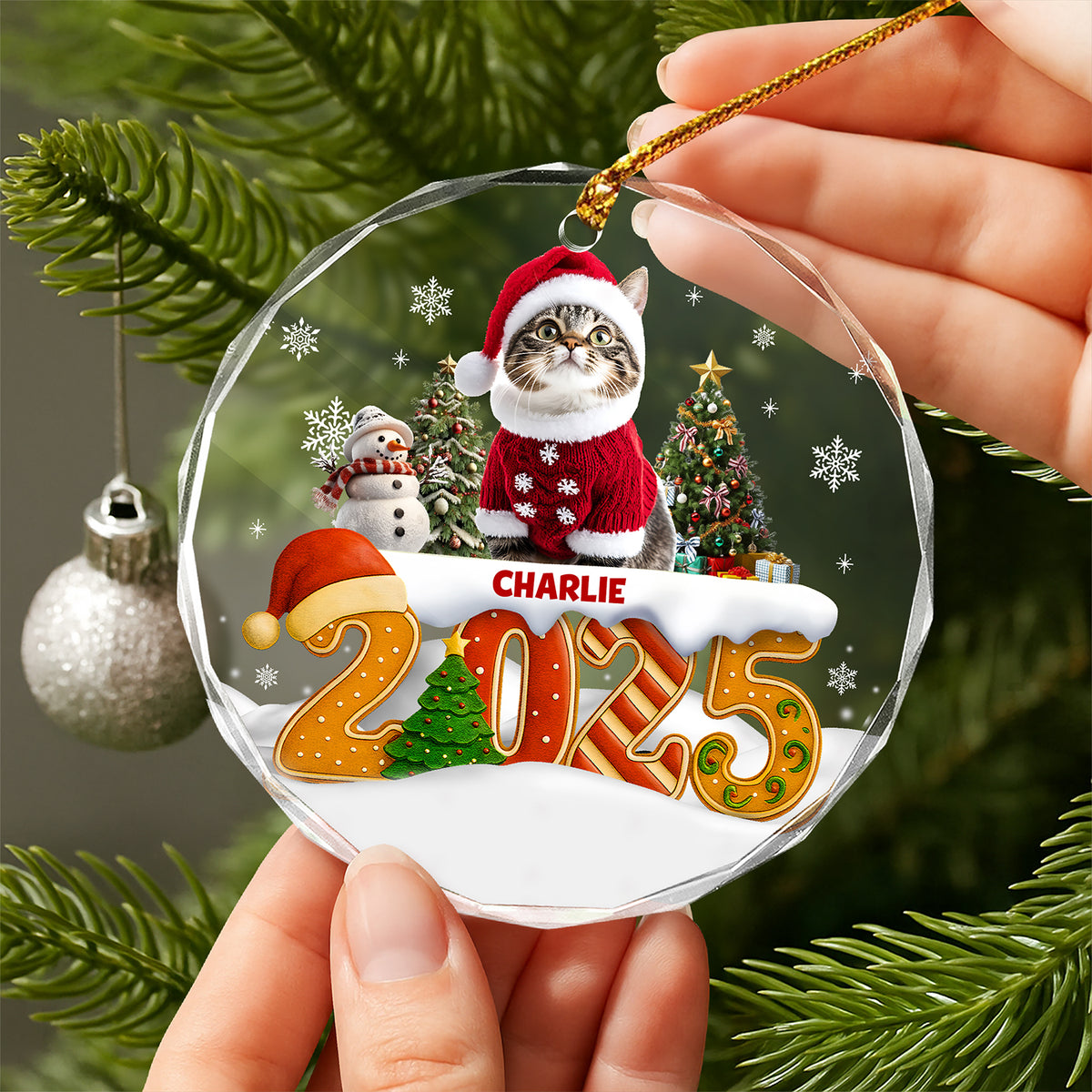 Custom Cat Christmas Cake Crew Photo - Personalized Glass Ornament CH07 899978