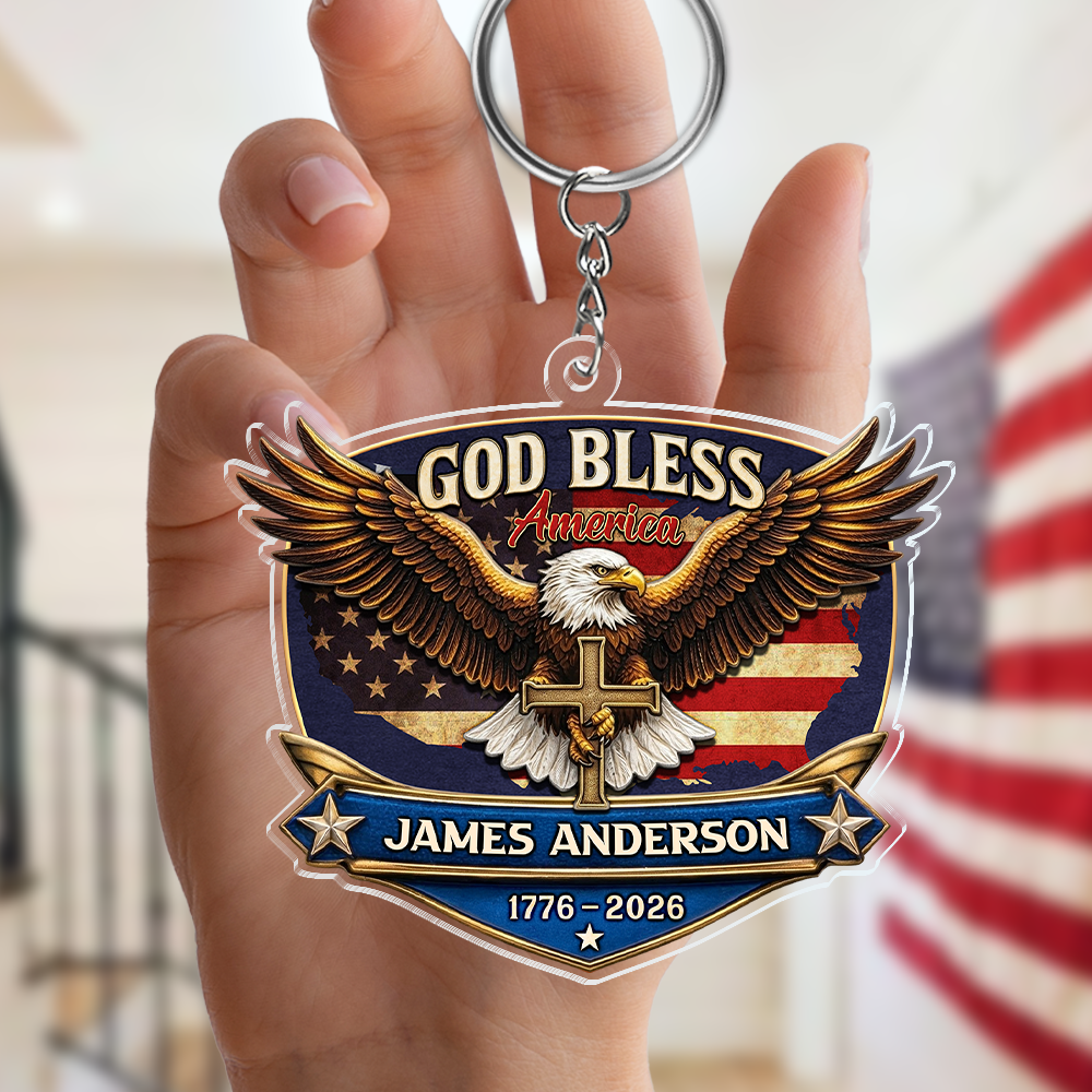 Personalized Patriotic 250th Anniversary God Bless America Eagle 1776–2026 Acrylic Keychain HA75 921020