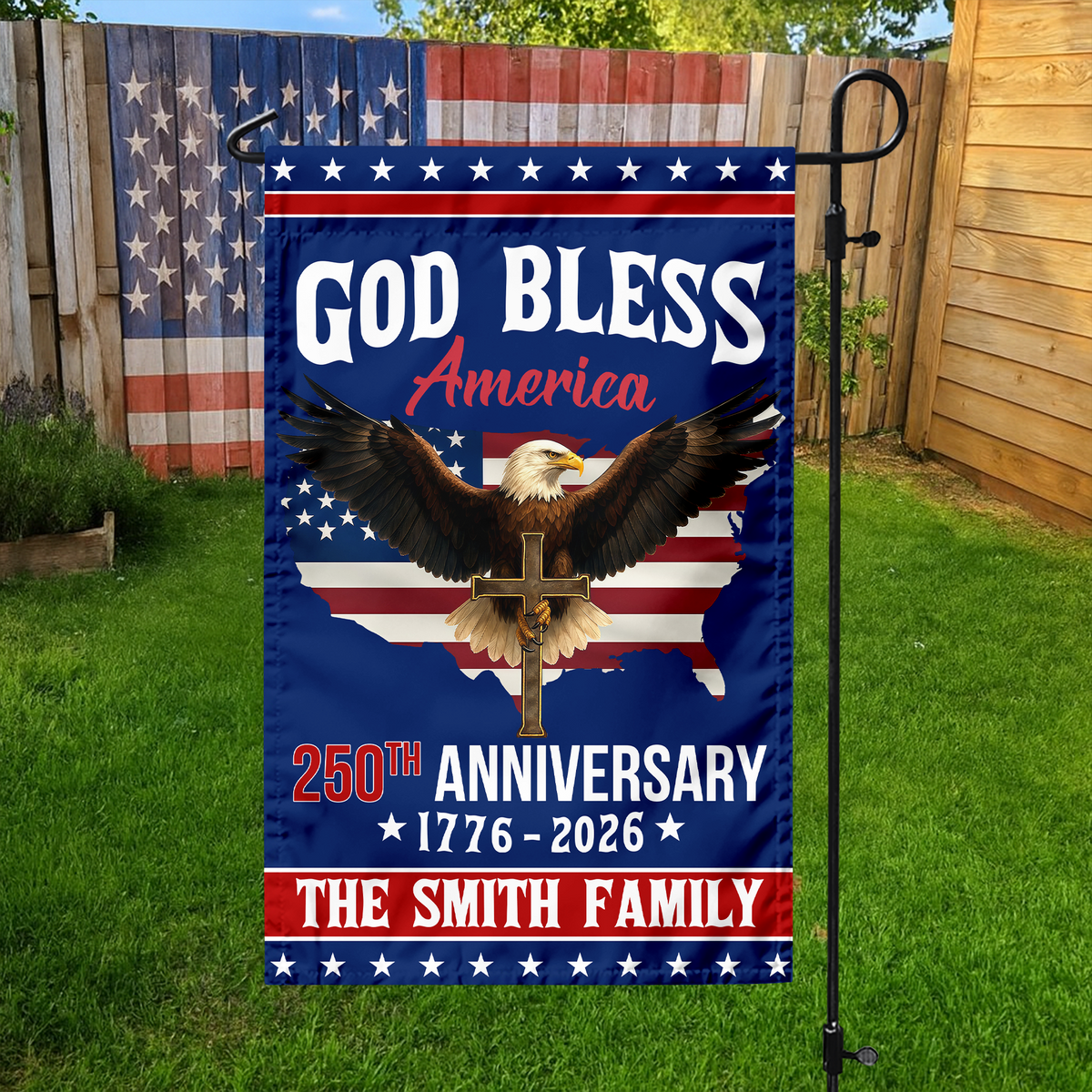 Custom Family Name 250th Anniversary God Bless America Christian Patriotic Garden Flag HO82 901882