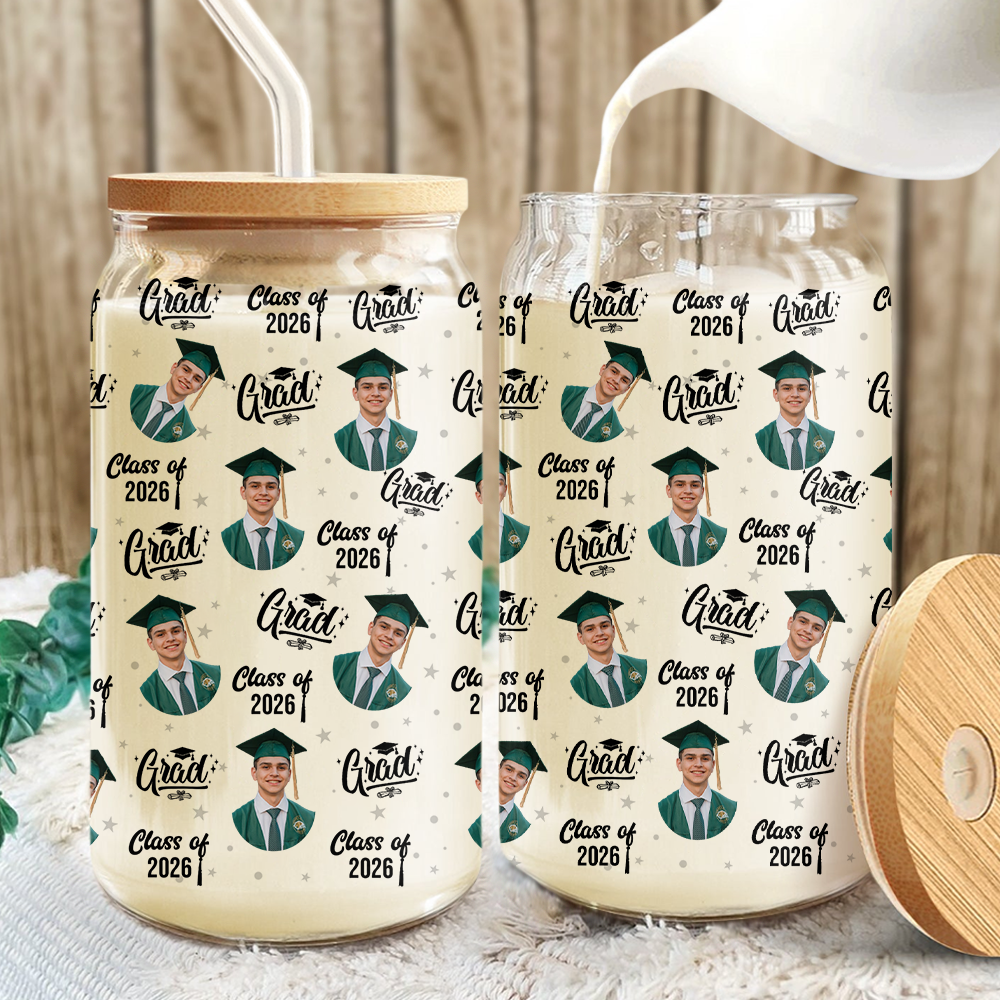 Custom Photo Class Of 2026 Graduation Glass Can With Lid HO82 901490