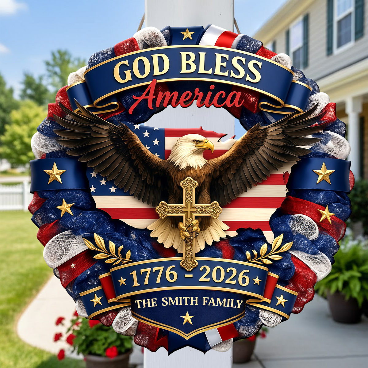 Custom Family Name Patriotic 250th Anniversary God Bless America Eagle 1776–2026 Door Sign HA75 920758