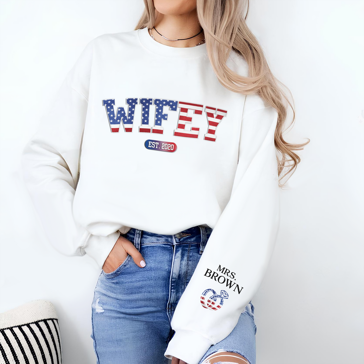 Custom Personalized Wifey Est Sweatshirt With Design On Sleeve Anniversary Gifts For Husband And Wife HA75 920340