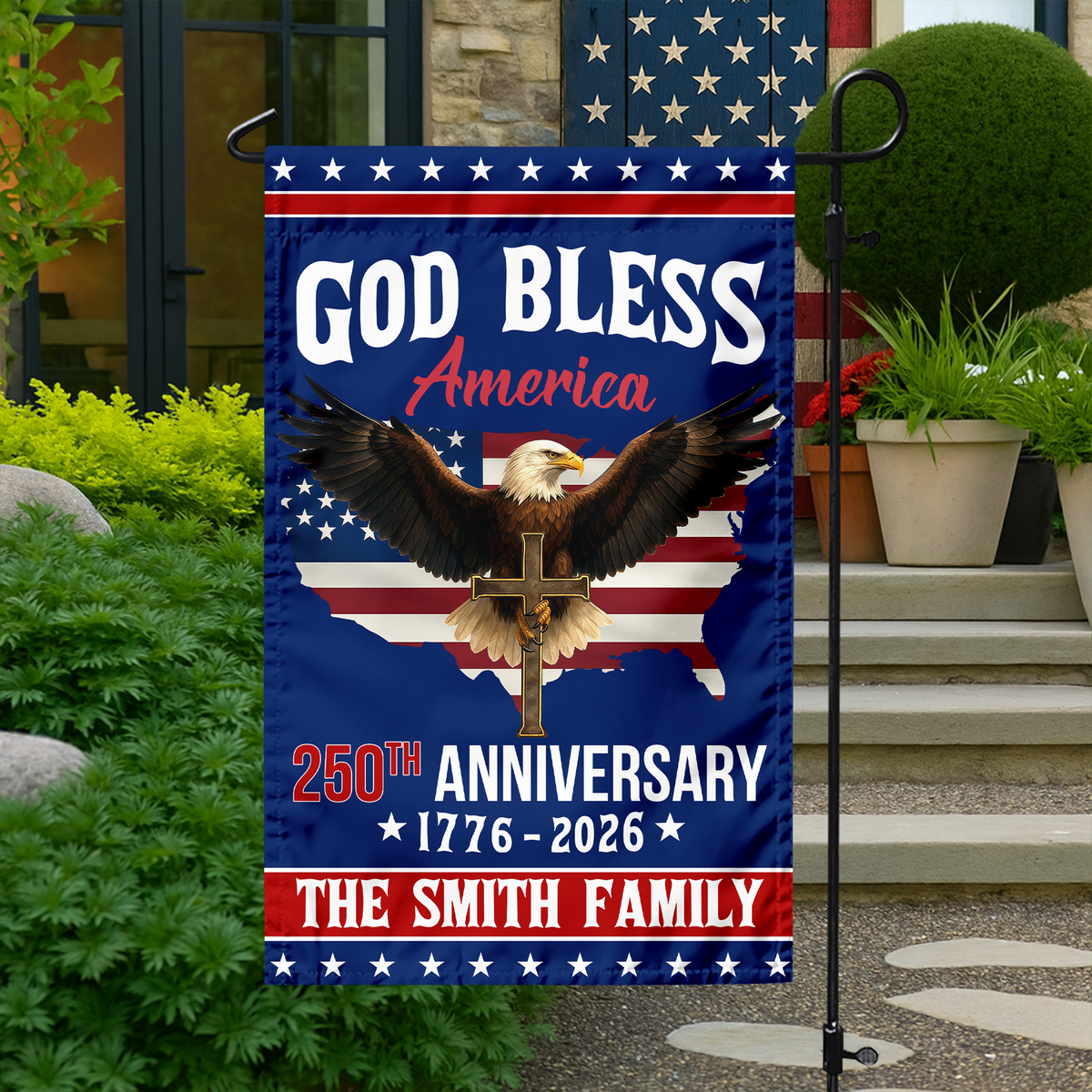 Custom Family Name 250th Anniversary God Bless America Christian Patriotic Garden Flag HO82 901882