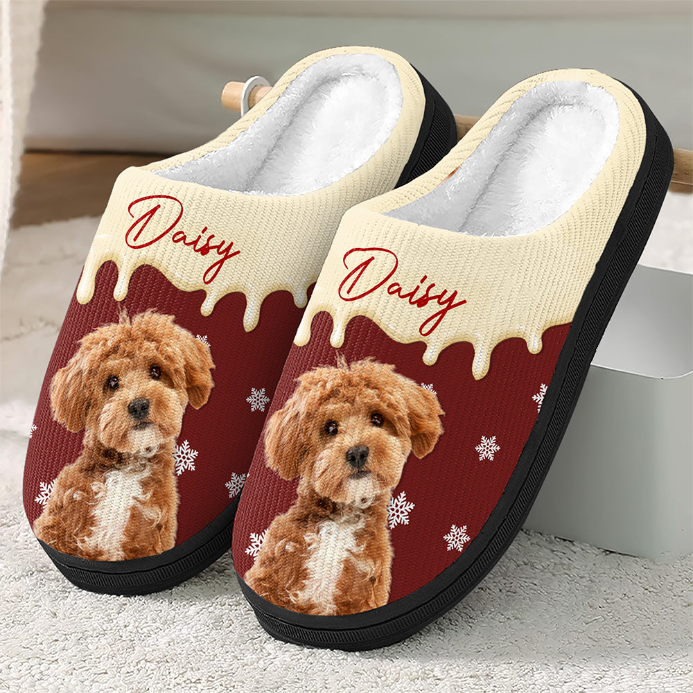 Custom Photo & Name Pet Dog Portrait With Holly Snowflake Poinsettia Christmas Slippers LM32 670501