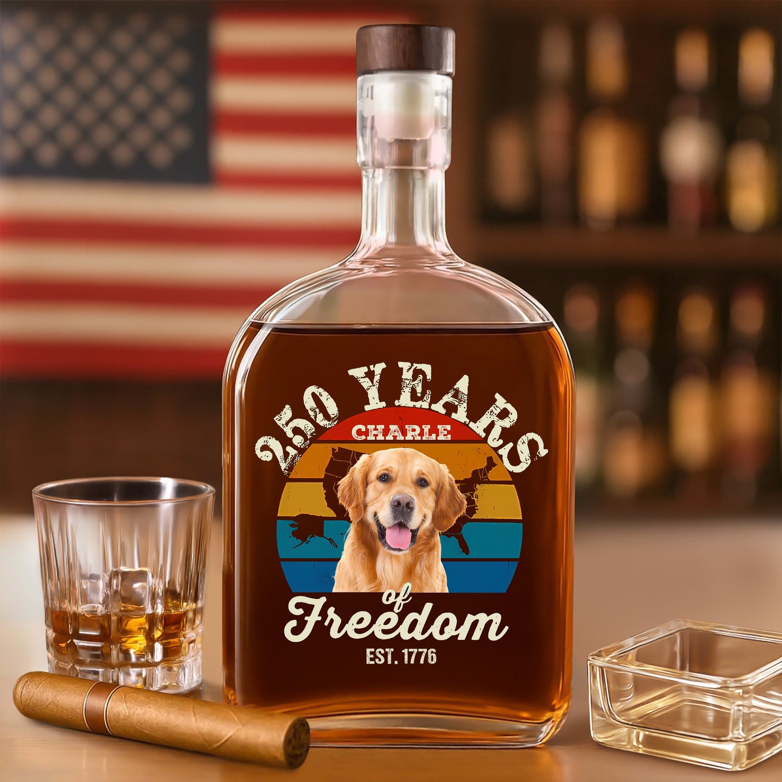 Custom Dog Photo 250 Years of Freedom EST. 1776 Whiskey Bottle LM32 895327