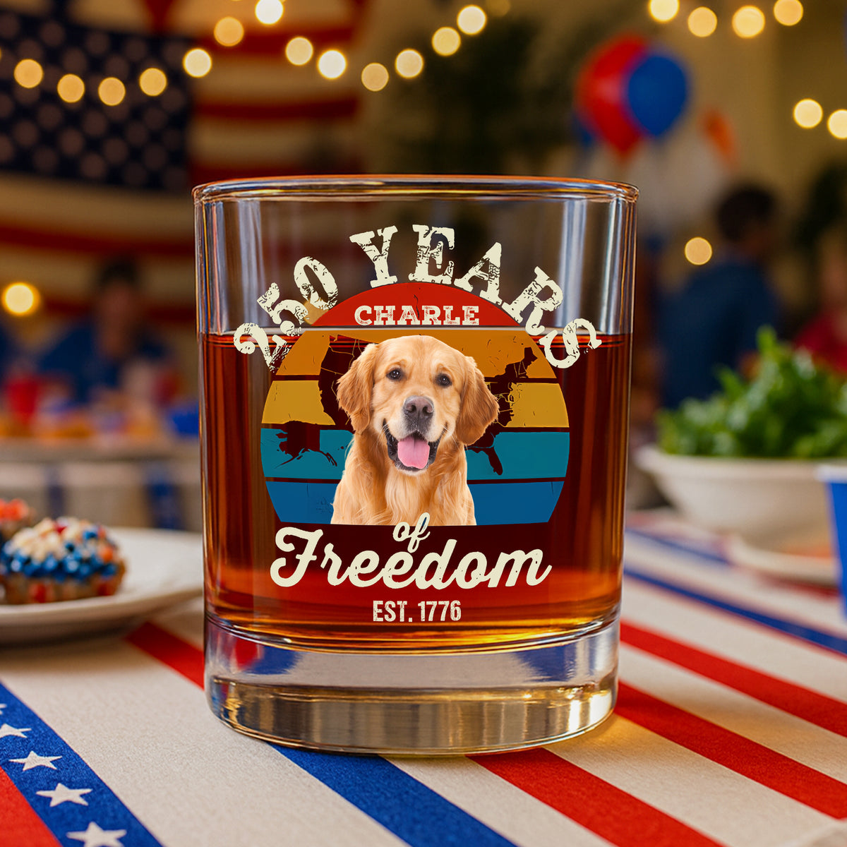 Custom Dog Photo 250 Years of Freedom EST. 1776 Whiskey Glass LM32 895325