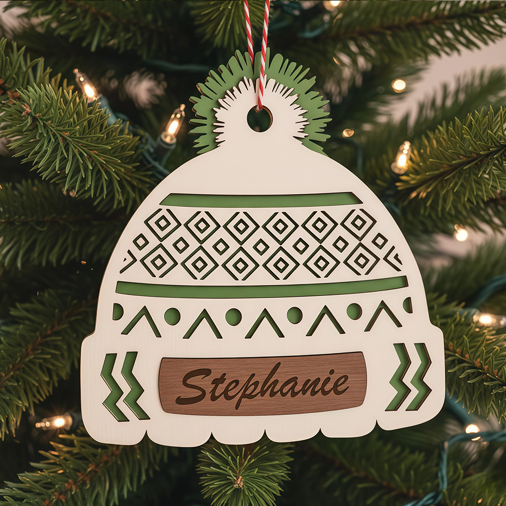 Custom Name Christmas Beanie Hat Layered Wood Ornament CH07 896630