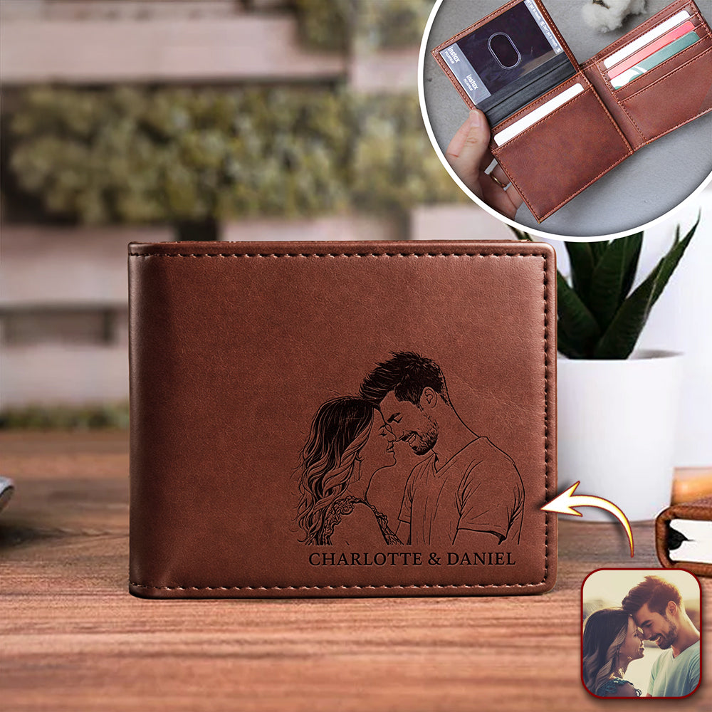 Custom Couple Photo & Name Engraved Leather Wallet Valentine Gift For Him CH07 910298