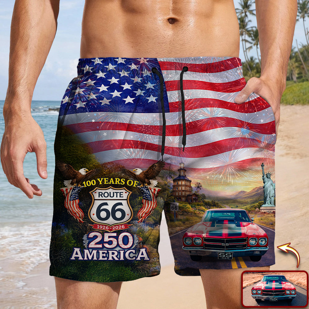 Custom Car Photo 100 Years Of Route 66 Beach Short Personalized America 250th Anniversary Gift CH07 910520