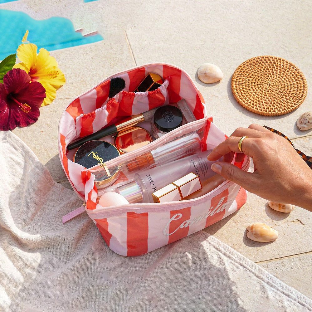 Personalized Name Embroidered Monogram Striped Waterproof Makeup Bag - Gift For Mom, Girlfriend, Women, Summer Gift CH07 911340