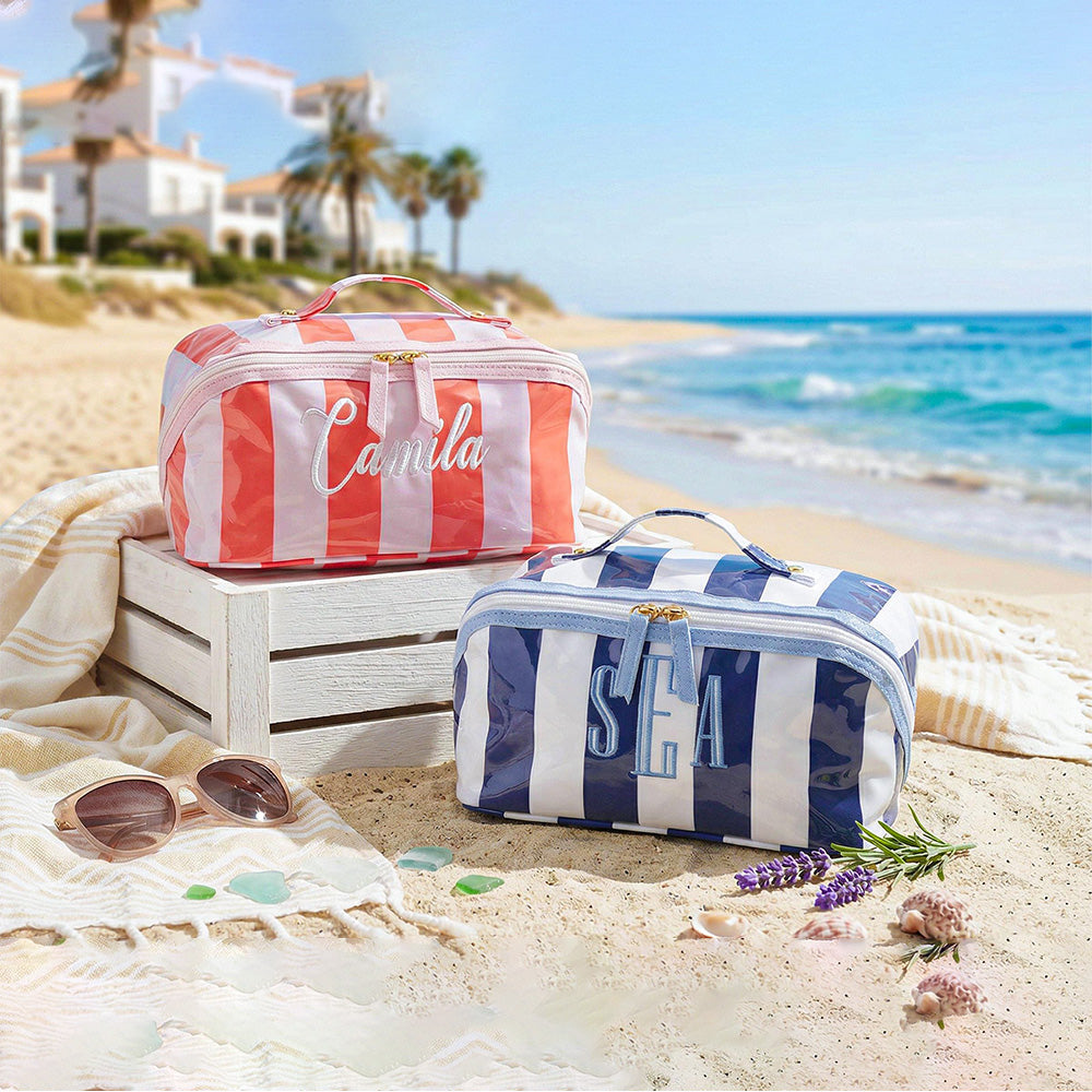 Personalized Name Embroidered Monogram Striped Waterproof Makeup Bag - Gift For Mom, Girlfriend, Women, Summer Gift CH07 911340
