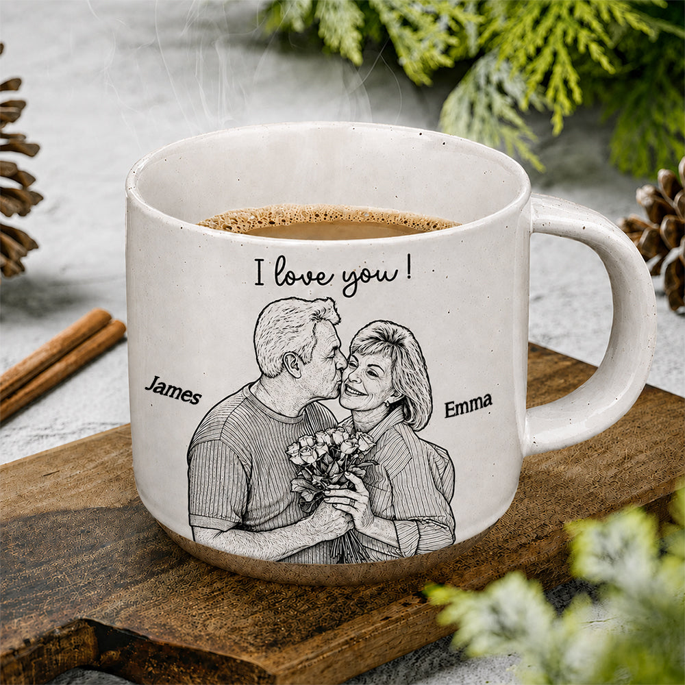 Custom Couple Photo Sketch Line Together & Forever Engraved Pottery Mug LM32 670075