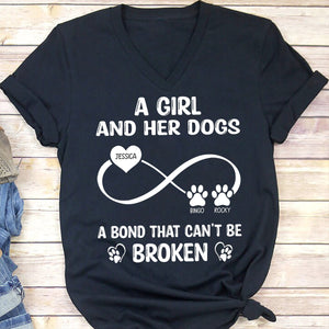 GeckoCustom A Girl And Her Dog A Bond That Can't Be Broken Personalized Custom Dog Frontside Shirt C455 Women V-neck / V Black / S