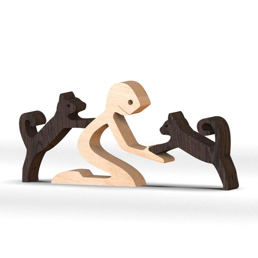 GeckoCustom A Man With Two Cat Wood Sculpture N304 HN590 Man With Two Cat