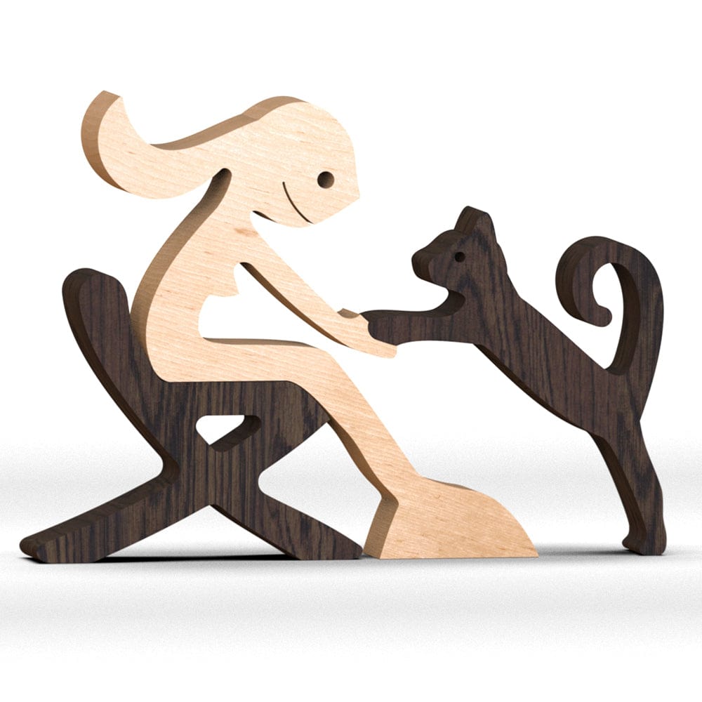 GeckoCustom A Man With Two Cat Wood Sculpture N304 HN590 Woman Sit With Cat