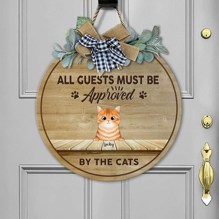 GeckoCustom All Guest Must Be Approved By The Cat Wooden Door Sign With Wreath, Cat Door Hanger HN590