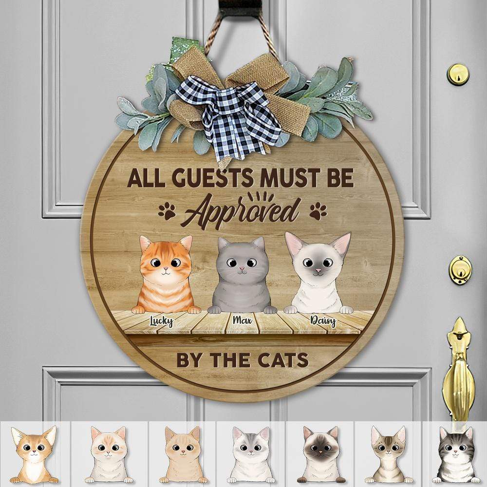 GeckoCustom All Guest Must Be Approved By The Cat Wooden Door Sign With Wreath, Cat Door Hanger HN590 12 Inch