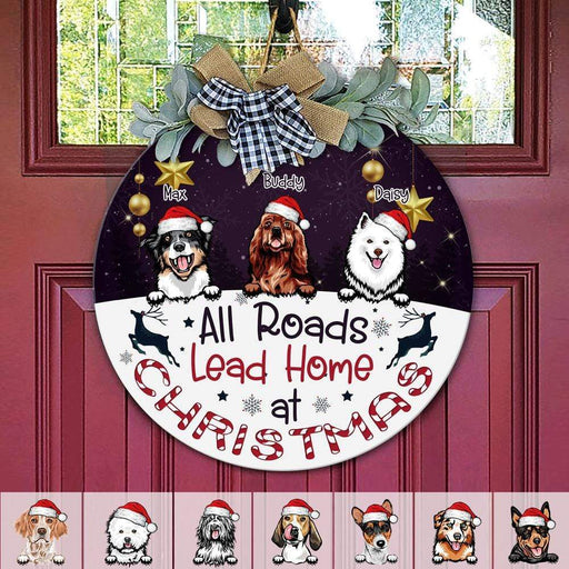 GeckoCustom All Roads Lead Home At Christmas Dog Wooden Door Sign With Wreath, Dog Lover Gift, Dog Door Hanger HN590 12 inch