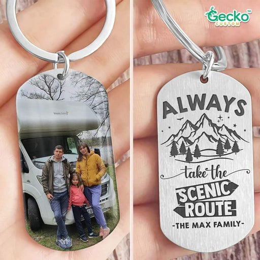 GeckoCustom Always Take The Scenic Route Camping Metal Keychain HN590 No Gift box / 1.77" x 1.06"