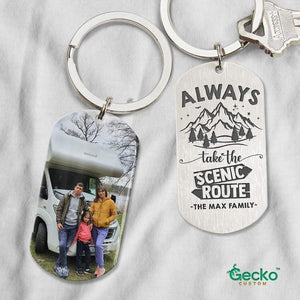 GeckoCustom Always Take The Scenic Route Camping Metal Keychain HN590