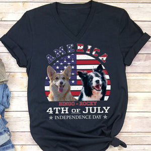 GeckoCustom America 4th Of July Personalized Custom Photo Dog Cat Pet Shirt C400 Women V-neck / V Black / S