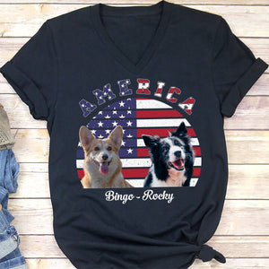 GeckoCustom America Personalized Custom Photo Dog Cat Pet Shirt C400 Women V-neck / V Black / S