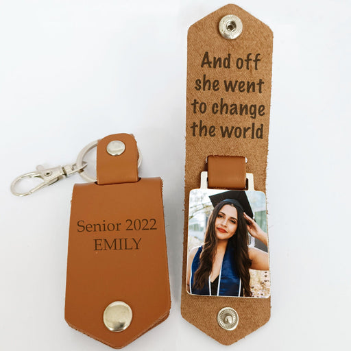 GeckoCustom And Off She Went To Change The World Graduation Vintage Leather Photo Keychain C263