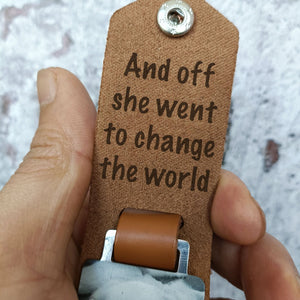 GeckoCustom And Off She Went To Change The World Graduation Vintage Leather Photo Keychain C263