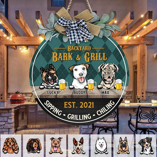 GeckoCustom Backyard Bark & Grill Dog Wooden Door Sign With Wreath, Dog Lover Gift, Dog Door Hanger HN590 12 inch