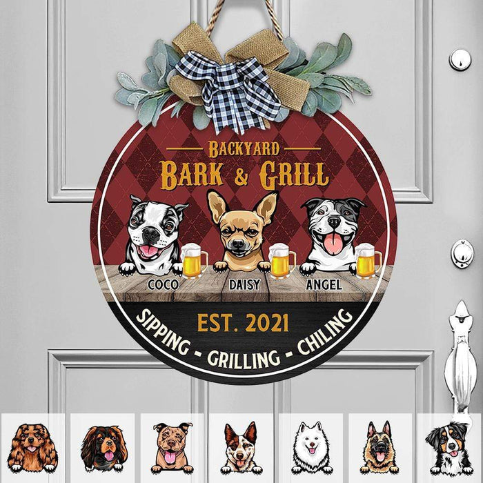GeckoCustom Backyard Bark & Grill Dog Wooden Door Sign With Wreath, Dog Lover Gift, Dog Door Hanger HN590