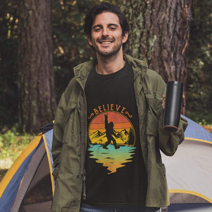GeckoCustom Believe Bigfoot Camping Shirt, Adventure Tshirt HN590 Basic Tee / Black / S