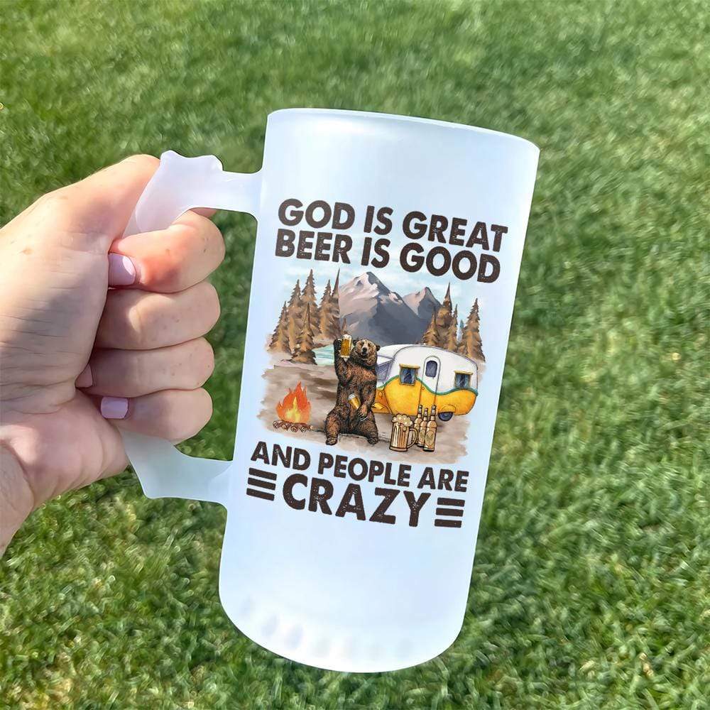 GeckoCustom God Is Great Beer Is Good and People Are Crazy Camping Frosted Glass Beer Mug HN590