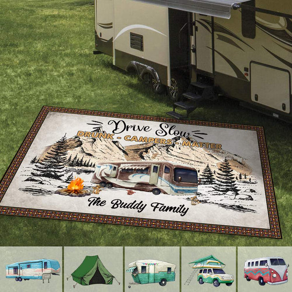 Funny Happy Camper Tan Outdoor Welcome Doormat Novelty Floor Rug Front