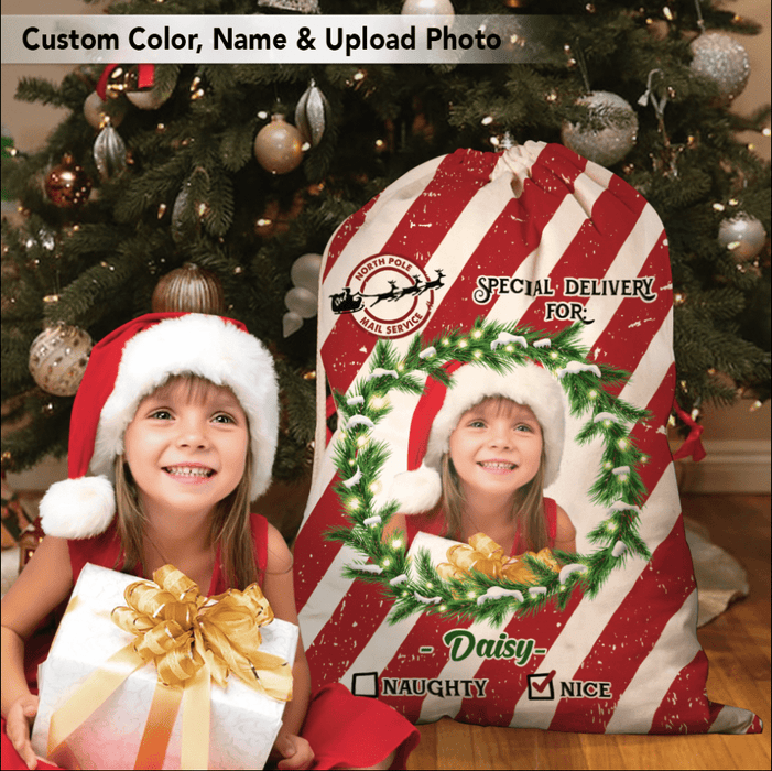 GeckoCustom Candy Cane Christmas Santa Sack, Custom Photo Christmas Sacks HN590