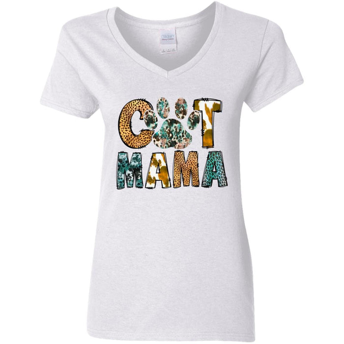 GeckoCustom Cat Mama Leopard Shirt Women V-Neck / White / S