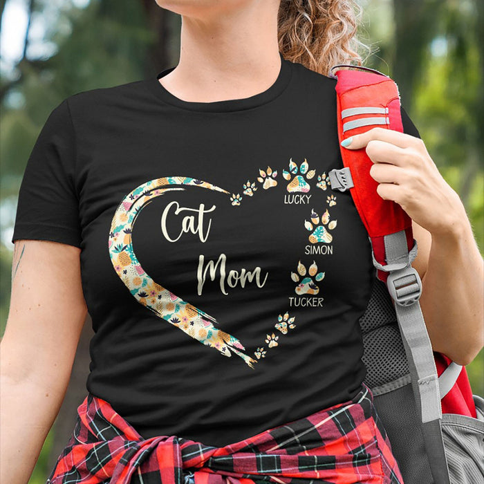 GeckoCustom Cat Mom Paw Hearts Personalized Custom Cat Shirt C442 Women Tee / Black Color / S