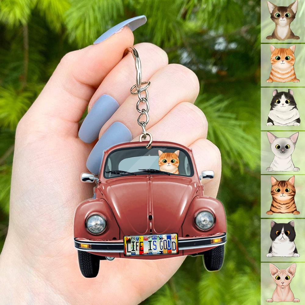 GeckoCustom Classic Car Cat Keychain, Cat Lover Gift, Keychain For Campers HN590 50mm x 50mm / 1 Piece
