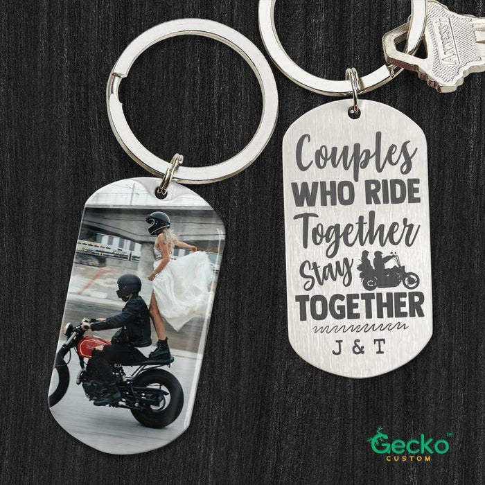 GeckoCustom Couples Who Ride Together Couple Metal Keychain HN590