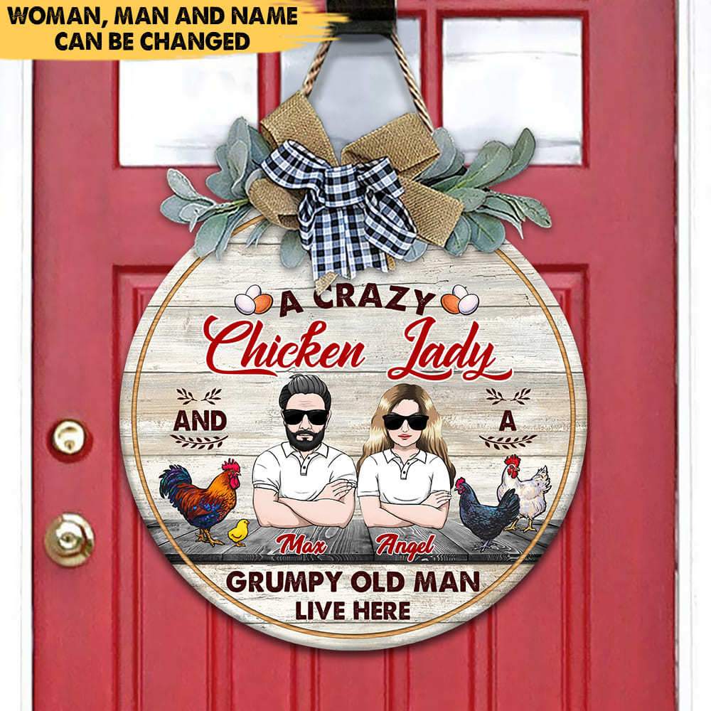 GeckoCustom Crazy Chicken Lady & Grumpy Old Man Flower Door Hanger, Wooden Door Sign With Wreath, Chicken Lover Gift, HN590 12 inch