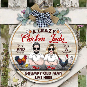 GeckoCustom Crazy Chicken Lady & Grumpy Old Man Flower Door Hanger, Wooden Door Sign With Wreath, Chicken Lover Gift, HN590 18 inch